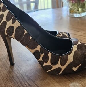 Nine West, Giraffe print, fur, 3.5 inch heels, 10, peep toe